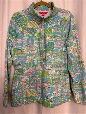 Lilly Pulitzer Blue Scenic Print Half-Zip Puffer
